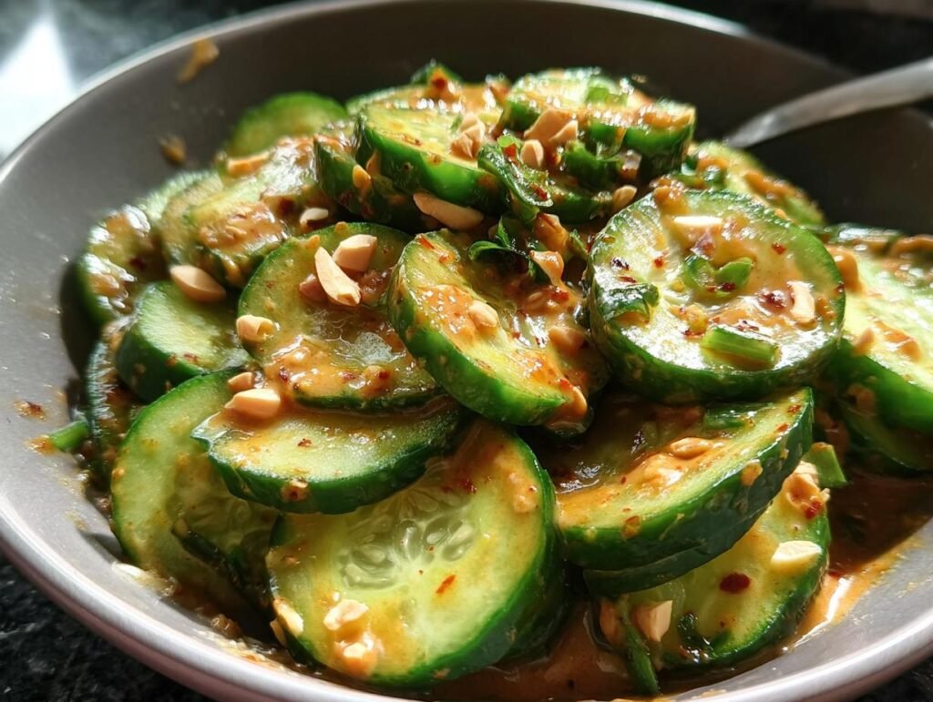 Close-up of sliced Cucumbers in Spicy Peanut Sauce, topped with chopped peanuts and green onions.