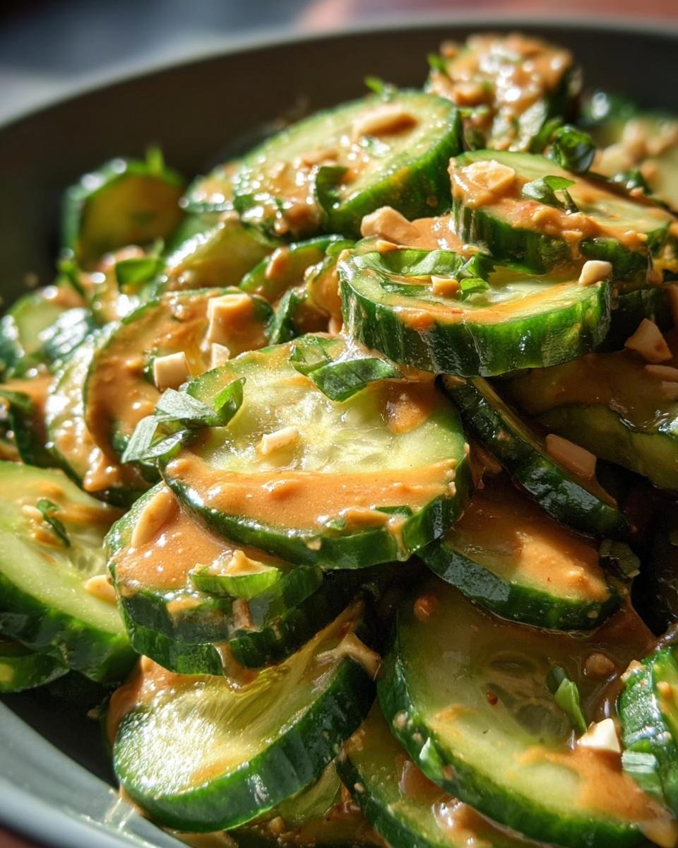 Close-up of sliced Cucumbers in Spicy Peanut Sauce, garnished with chopped peanuts and herbs.