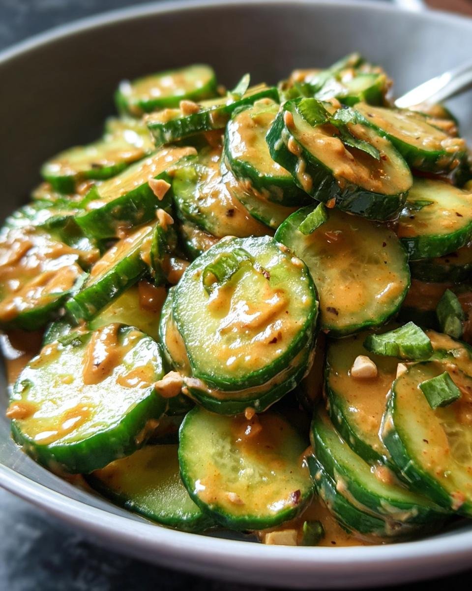 Bowl of sliced cucumbers in spicy peanut sauce, garnished with chopped peanuts and green onions.