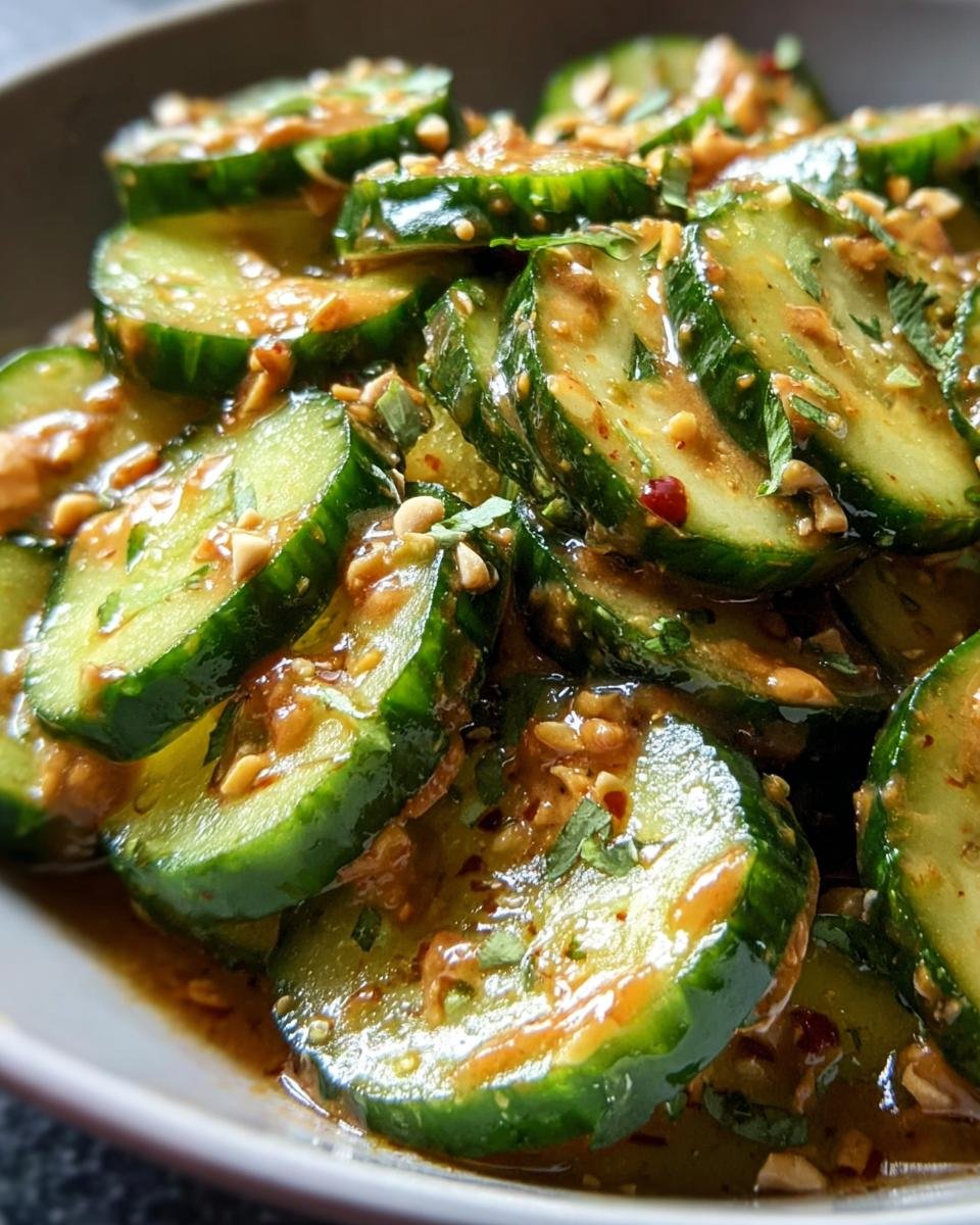 Close-up of sliced Cucumbers in Spicy Peanut Sauce, garnished with peanuts and herbs.