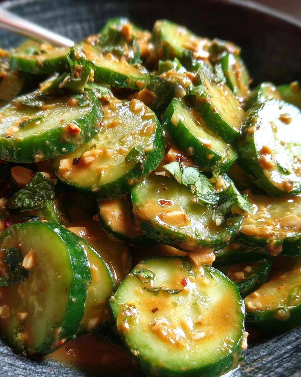Close-up of sliced cucumbers in spicy peanut sauce, garnished with herbs. Ready to eat!