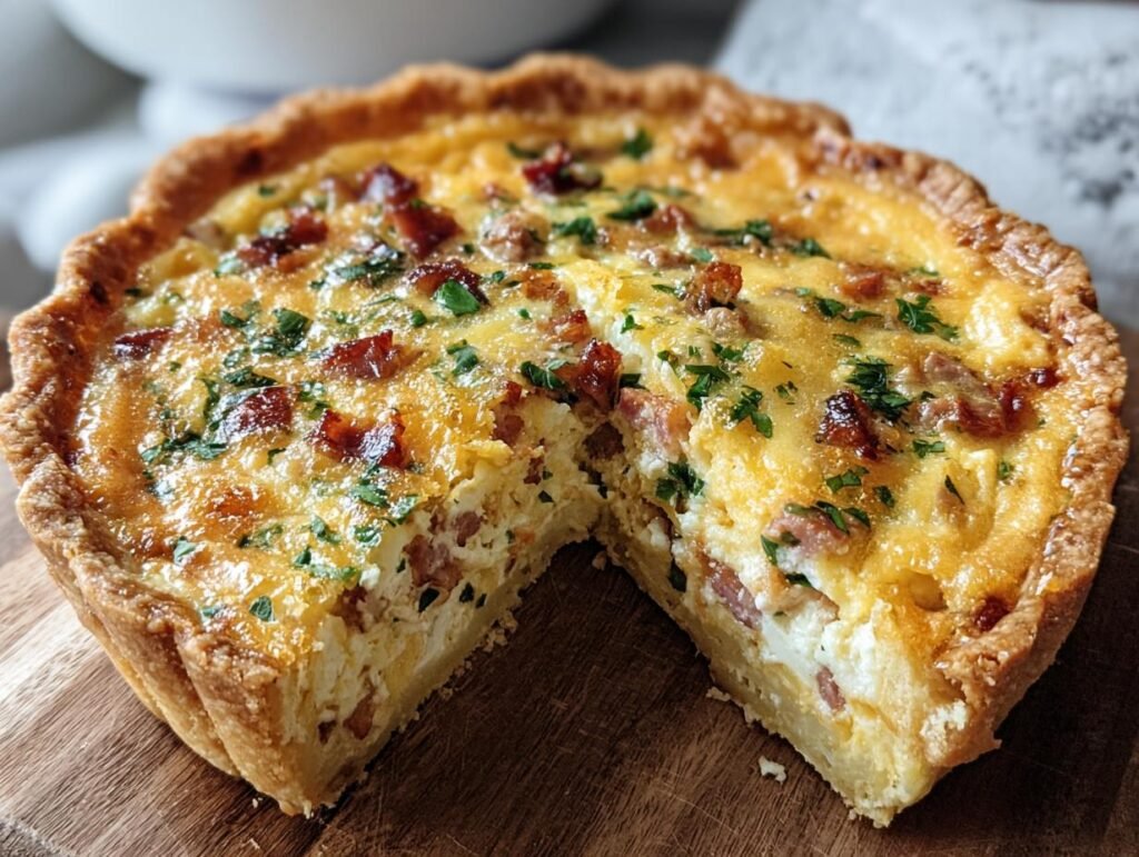 A delicious Easy Breakfast Quiche with a slice cut out, showcasing the filling with bacon and herbs.