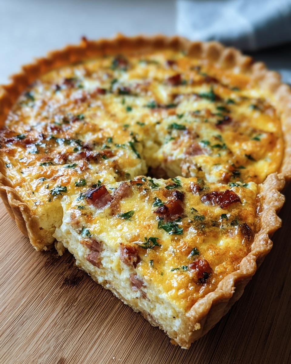 A delicious Easy Breakfast Quiche with a slice cut out, showing bacon and herbs.