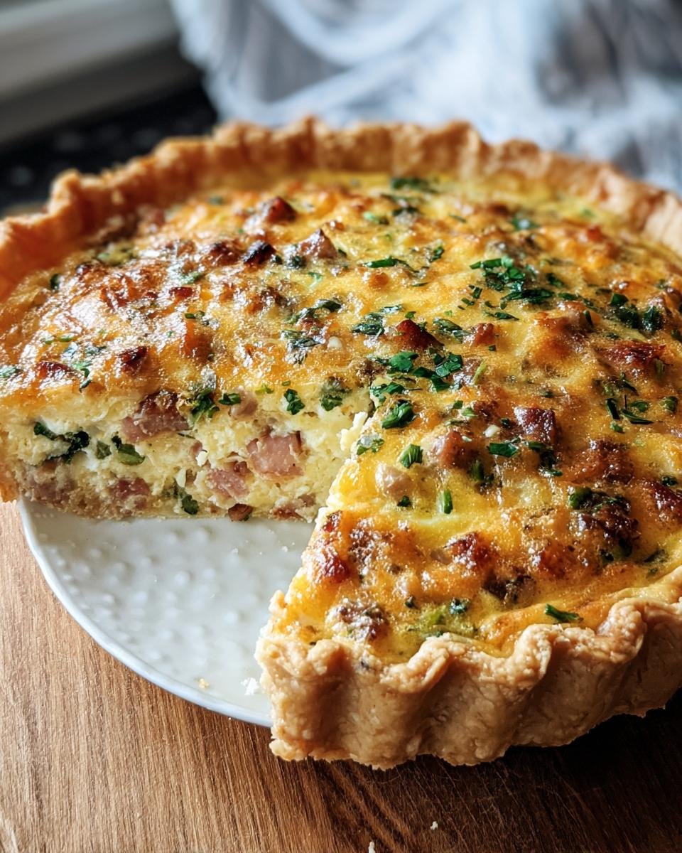 A freshly baked Easy Breakfast Quiche with a slice removed, showcasing the filling with ham and herbs.