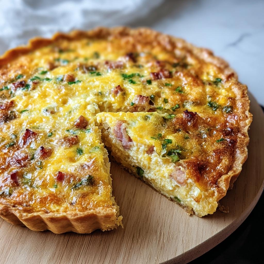 A freshly baked Easy Breakfast Quiche with a slice cut out, showing the filling with bacon and herbs.