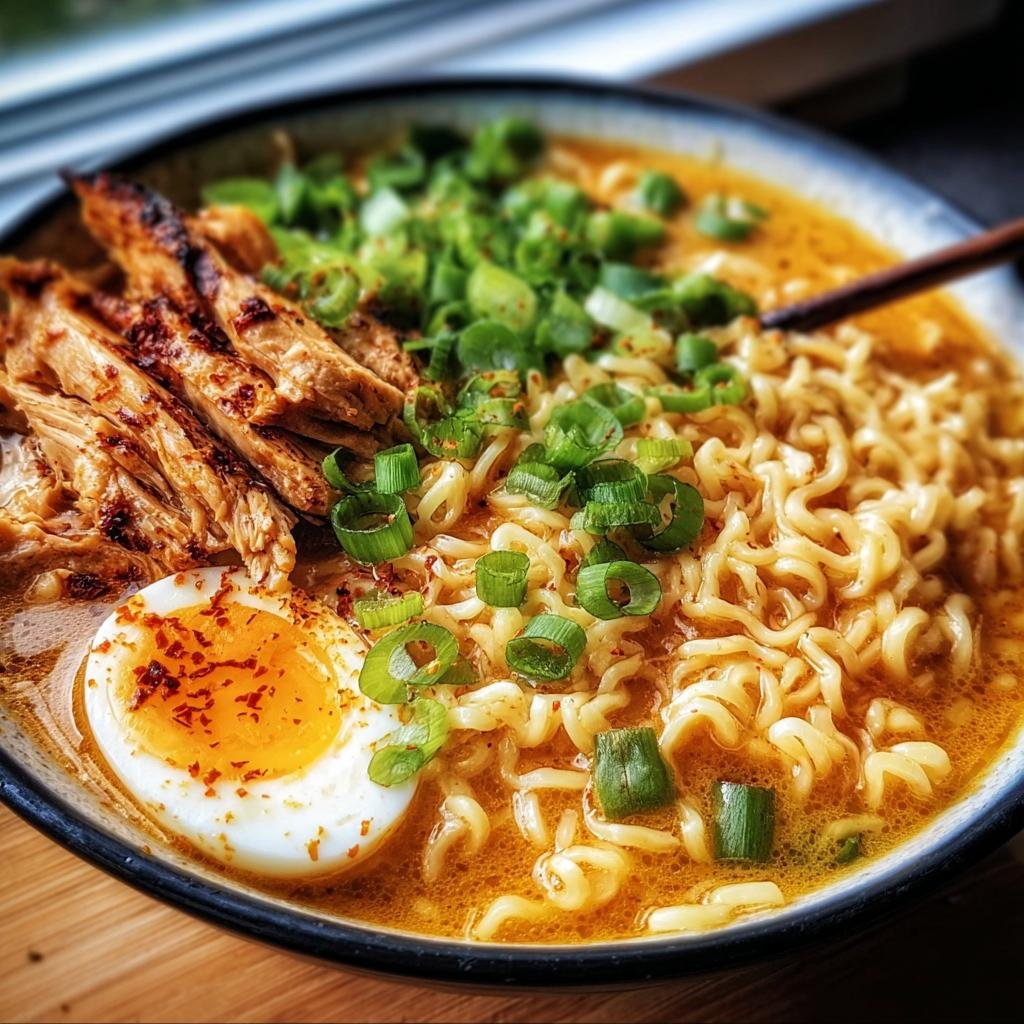A delicious bowl of Fiery Chicken Ramen, topped with grilled chicken, a soft-boiled egg, and fresh green onions.