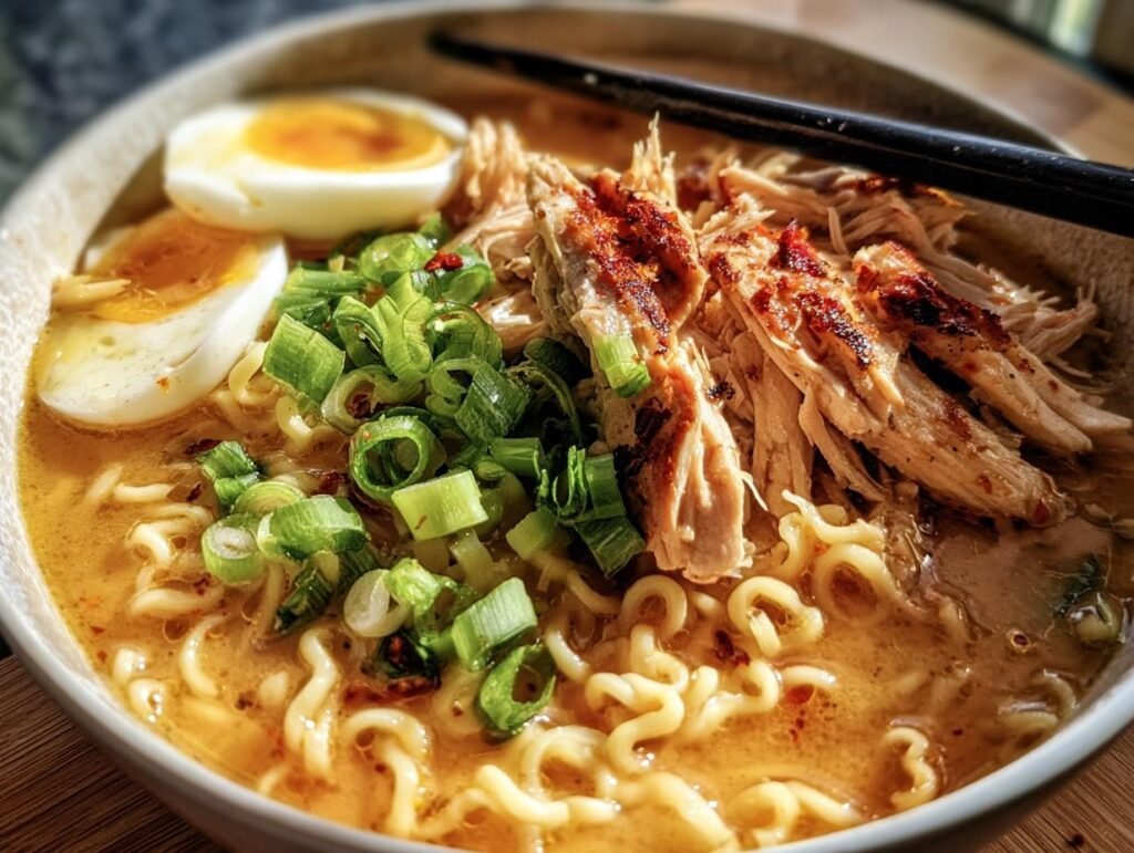 A bowl of Fiery Chicken Ramen topped with grilled chicken, a soft boiled egg, and green onions, ready to eat.