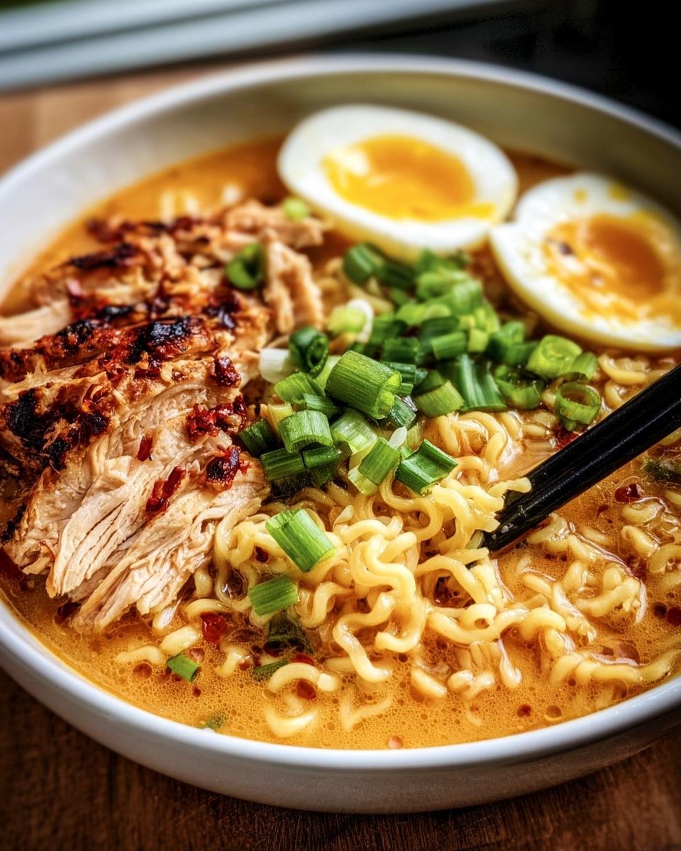 Close-up of Fiery Chicken Ramen with grilled chicken, soft-boiled egg, and green onions in a white bowl.