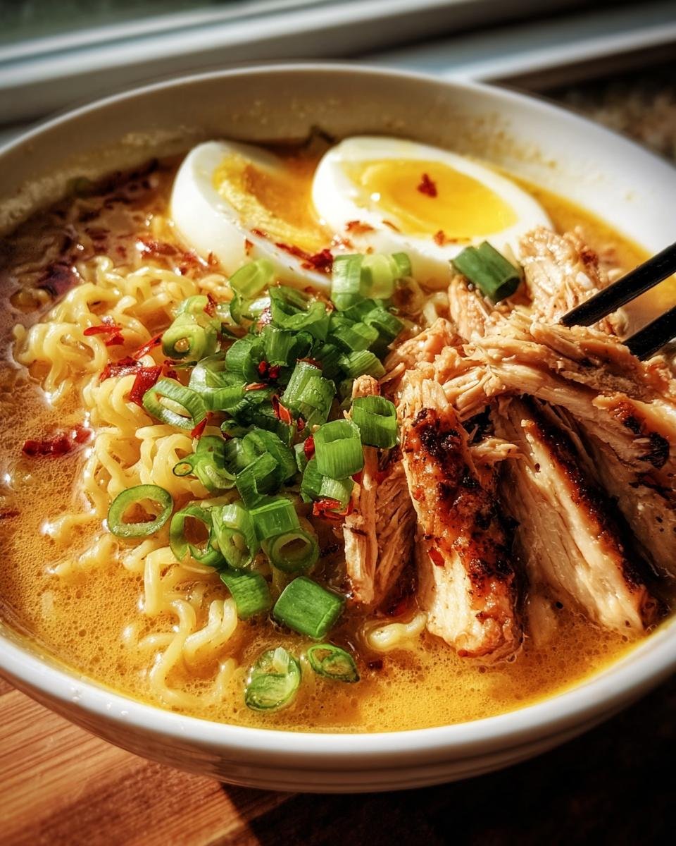 A delicious bowl of Fiery Chicken Ramen topped with a sliced egg, grilled chicken, and fresh scallions.