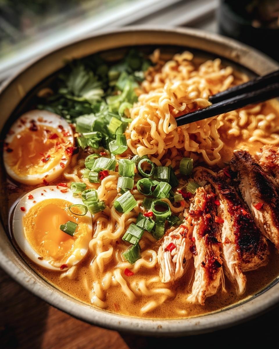 Close-up of Fiery Chicken Ramen with noodles, sliced chicken, soft-boiled egg, and green onions.