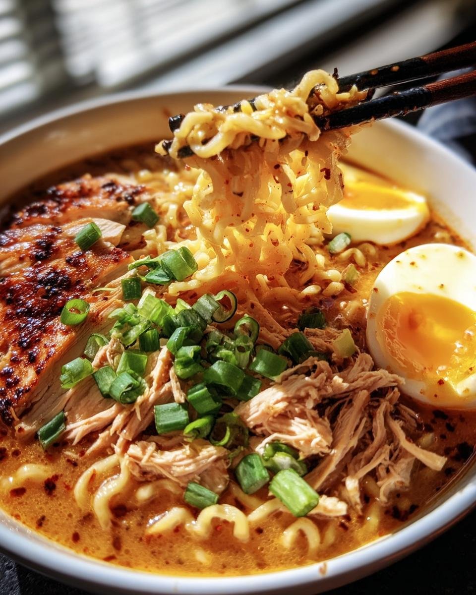 A bowl of Fiery Chicken Ramen with noodles, chicken, egg, and green onions, being lifted with chopsticks.