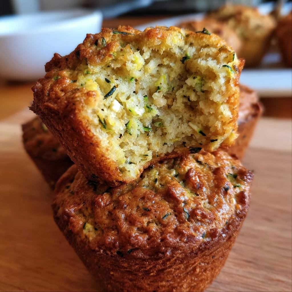 A stack of Fluffy Almond Zucchini Muffins, one muffin broken open to show the inside texture.