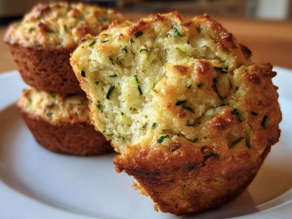 A stack of freshly baked Fluffy Almond Zucchini Muffins on a white plate, one muffin broken open.