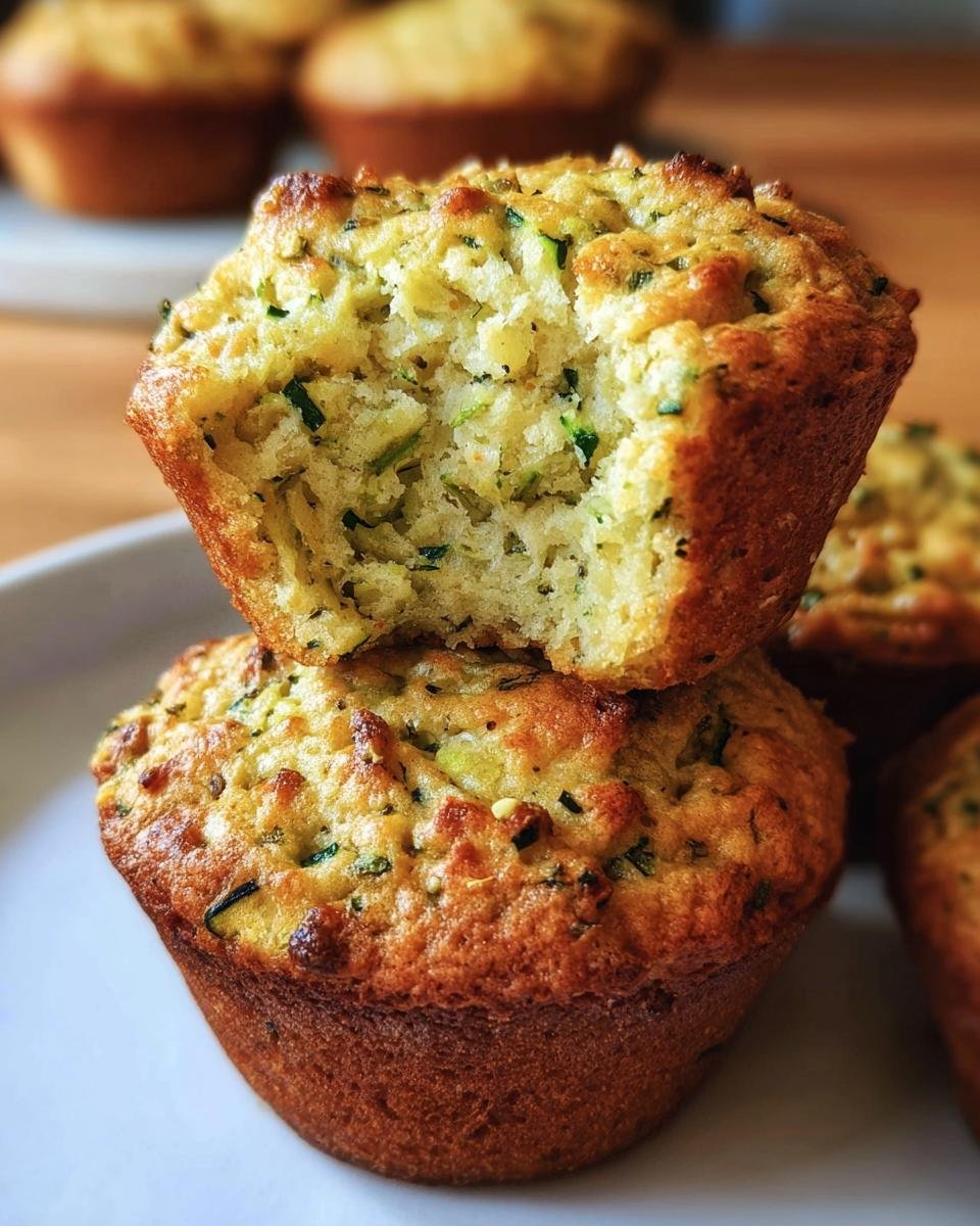A stack of Fluffy Almond Zucchini Muffins, one with a bite taken out, showing the moist interior.