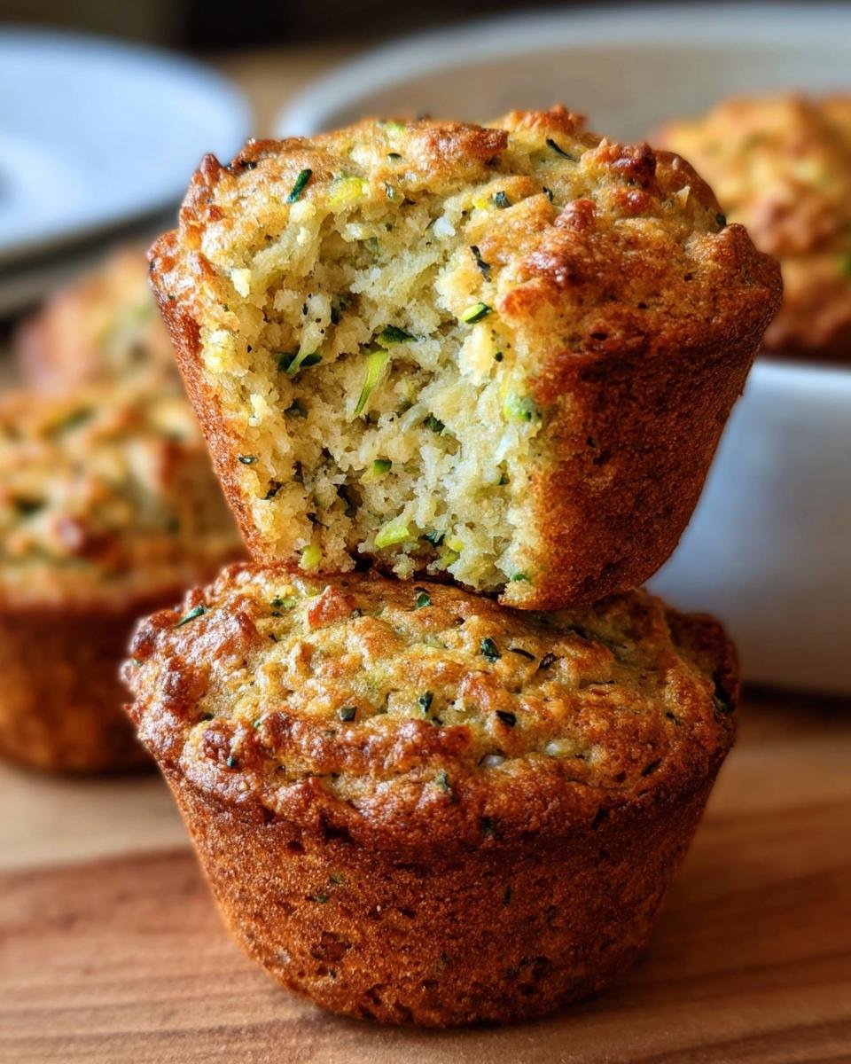 Two Fluffy Almond Zucchini Muffins stacked on a wooden surface, the top muffin with a bite taken out.