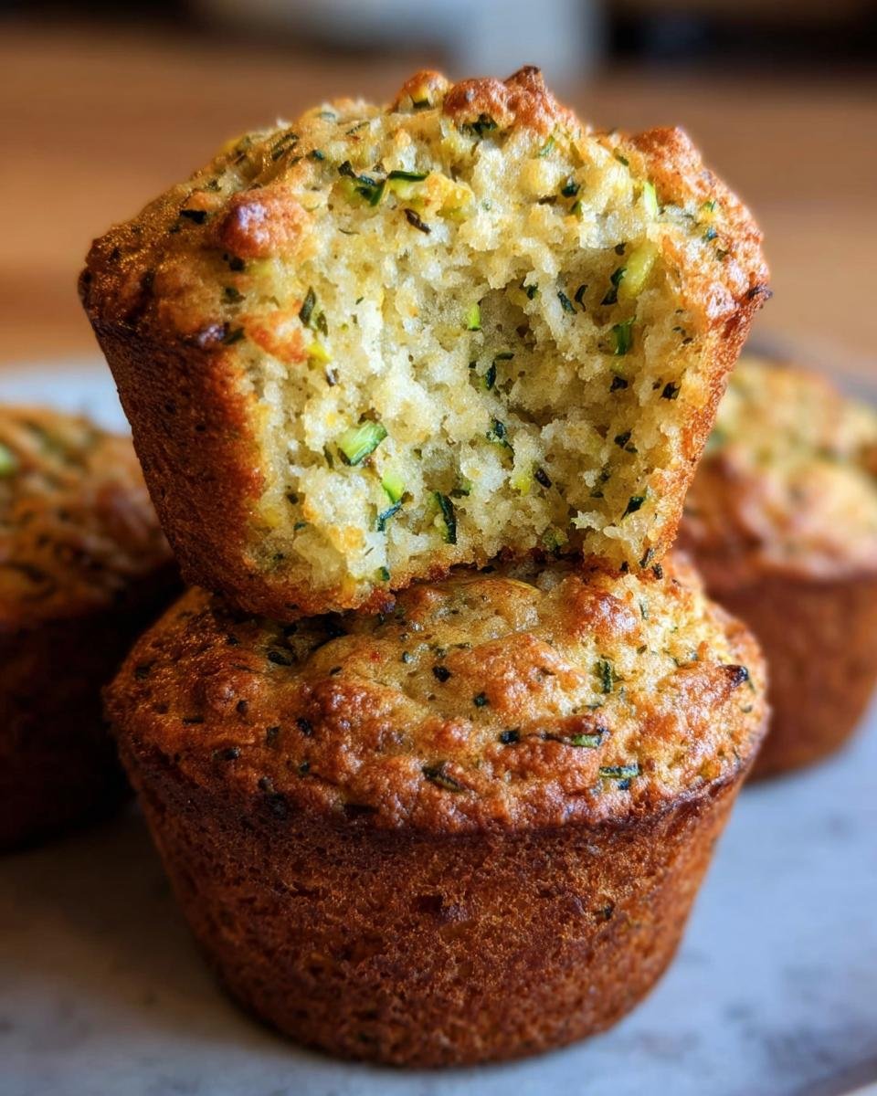 Two stacked Fluffy Almond Zucchini Muffins, the top one with a bite taken out, showing the zucchini inside.