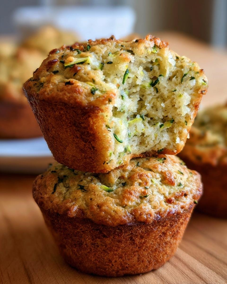 Two stacked Fluffy Almond Zucchini Muffins, the top one with a bite taken out, showing the moist interior.