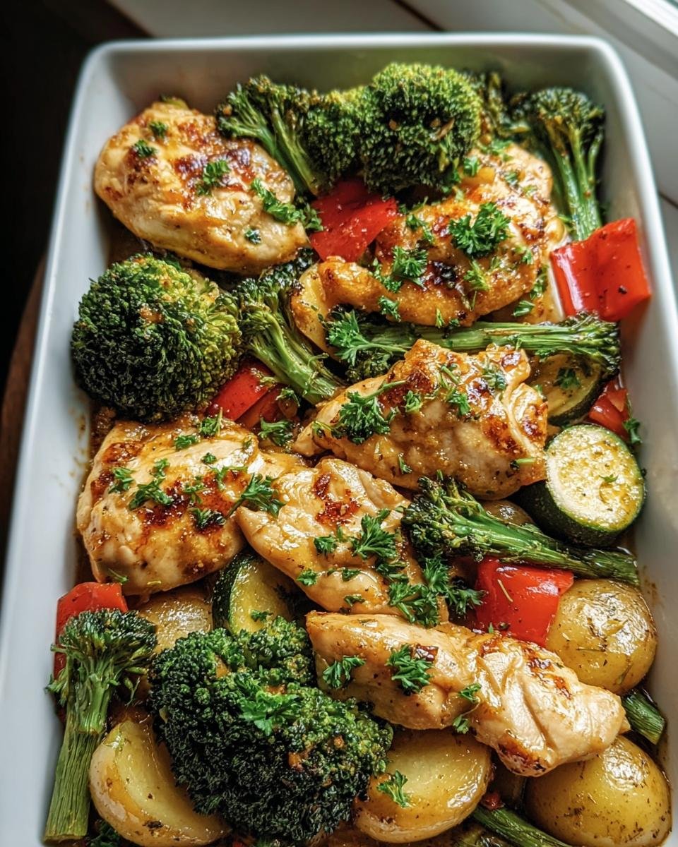 Overhead shot of Garlic Butter Chicken Veggies in a white baking dish with broccoli, zucchini, red peppers, and potatoes.