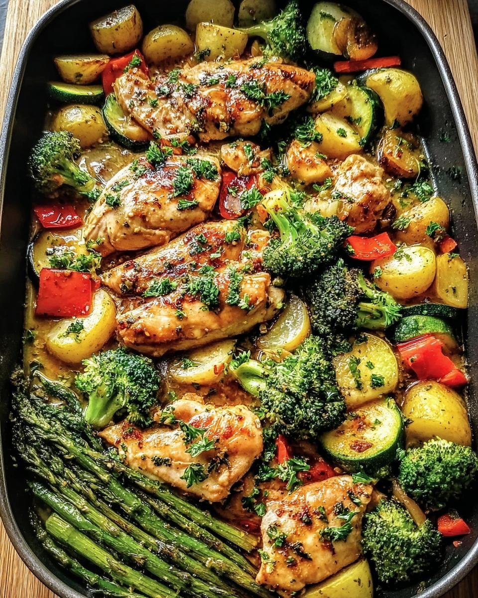Overhead shot of Garlic Butter Chicken Veggies in a pan with chicken, broccoli, potatoes, zucchini, and asparagus.