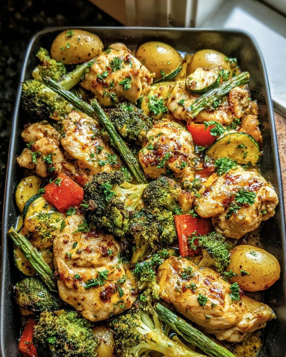 Overhead shot of Garlic Butter Chicken Veggies, including chicken, broccoli, potatoes, and asparagus in a baking pan.