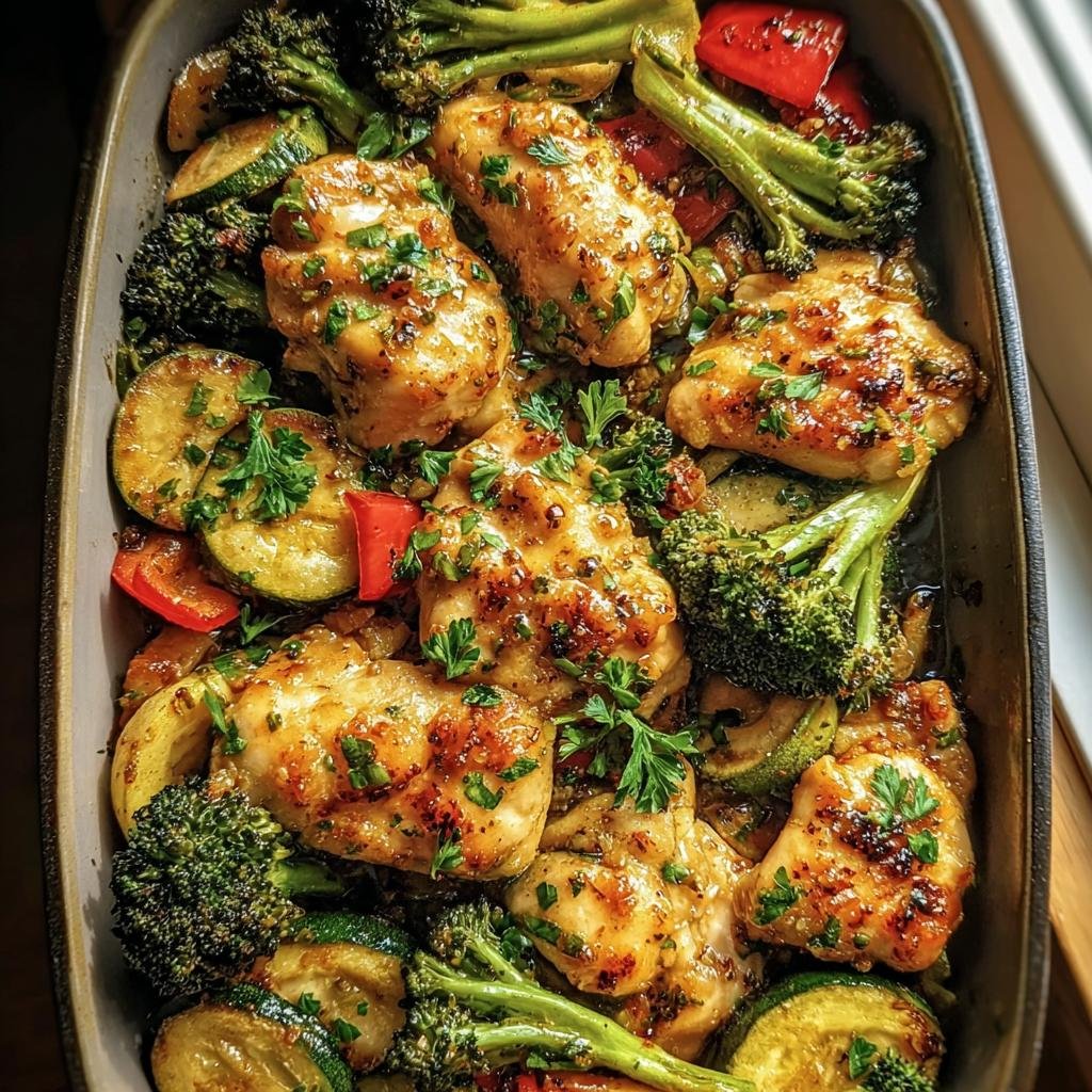 Overhead shot of Garlic Butter Chicken Veggies in a baking pan, featuring chicken, broccoli, zucchini, and red bell pepper.