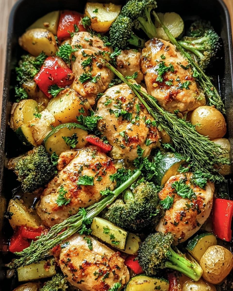 Overhead shot of Garlic Butter Chicken Veggies, including chicken breasts, broccoli, potatoes, zucchini, and red peppers.