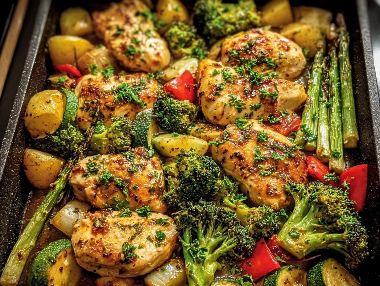 One-pan Garlic Butter Chicken Veggies with broccoli, potatoes, zucchini, asparagus, and red bell pepper.