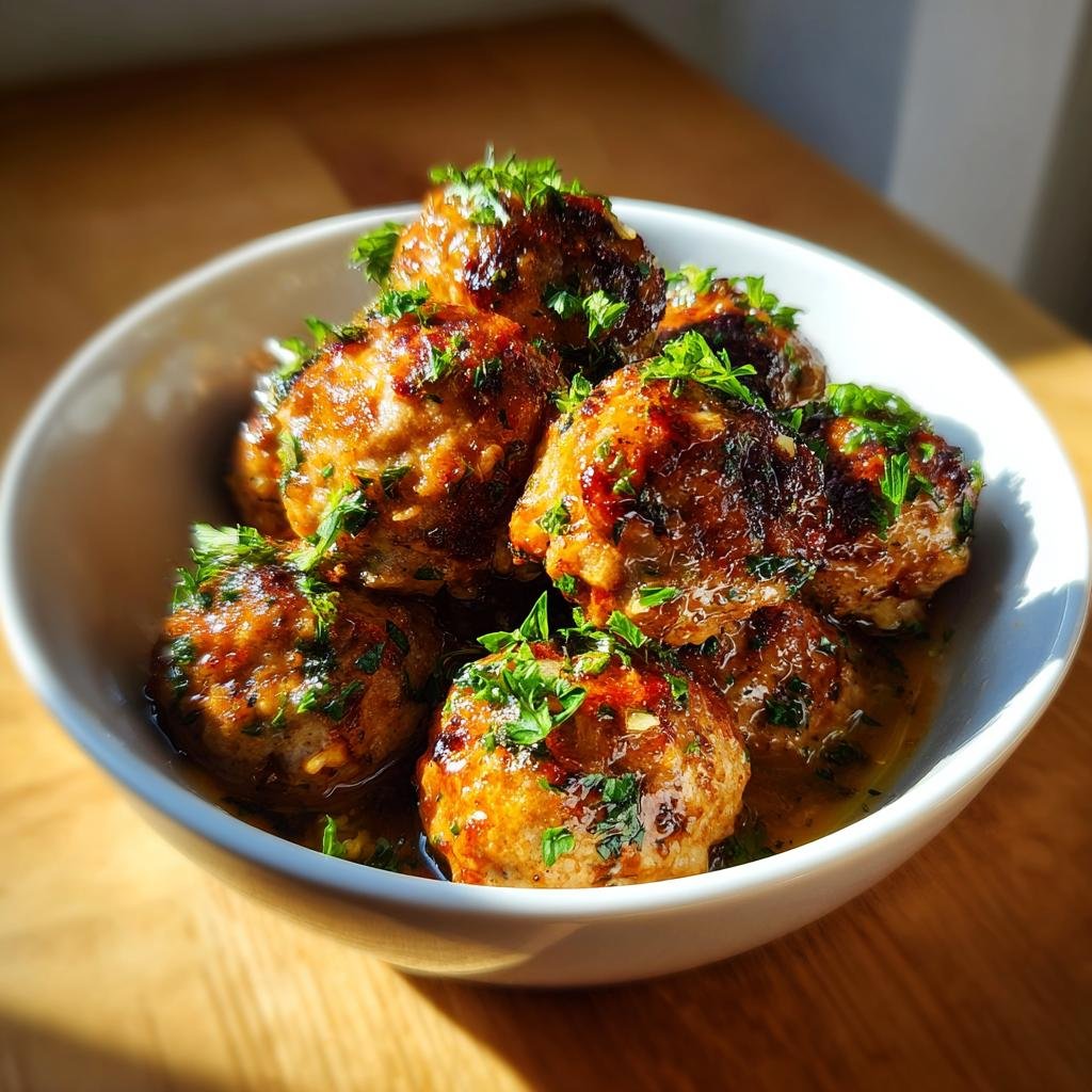 A bowl of juicy Garlic Butter Meatballs, garnished with fresh parsley, ready to be served.