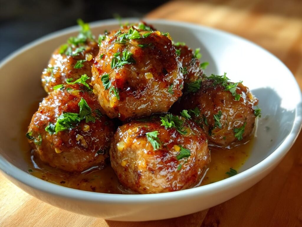 A bowl of juicy Garlic Butter Meatballs, garnished with fresh parsley and bathed in a savory garlic butter sauce.