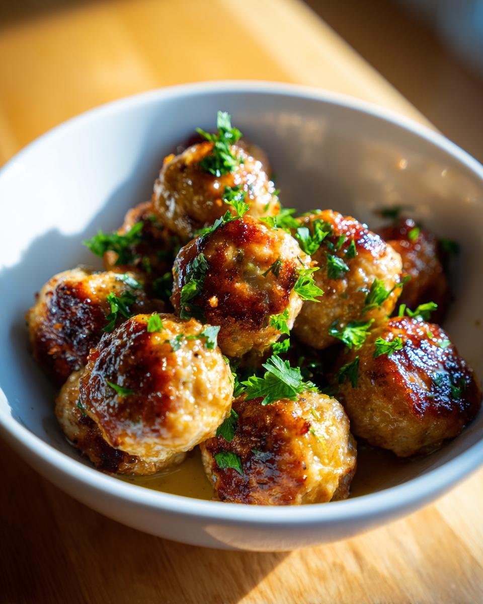 A bowl filled with delicious garlic butter meatballs, garnished with fresh parsley.