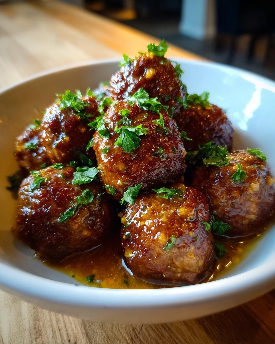 A bowl of glistening Garlic Butter Meatballs, garnished with fresh parsley, ready to be served.