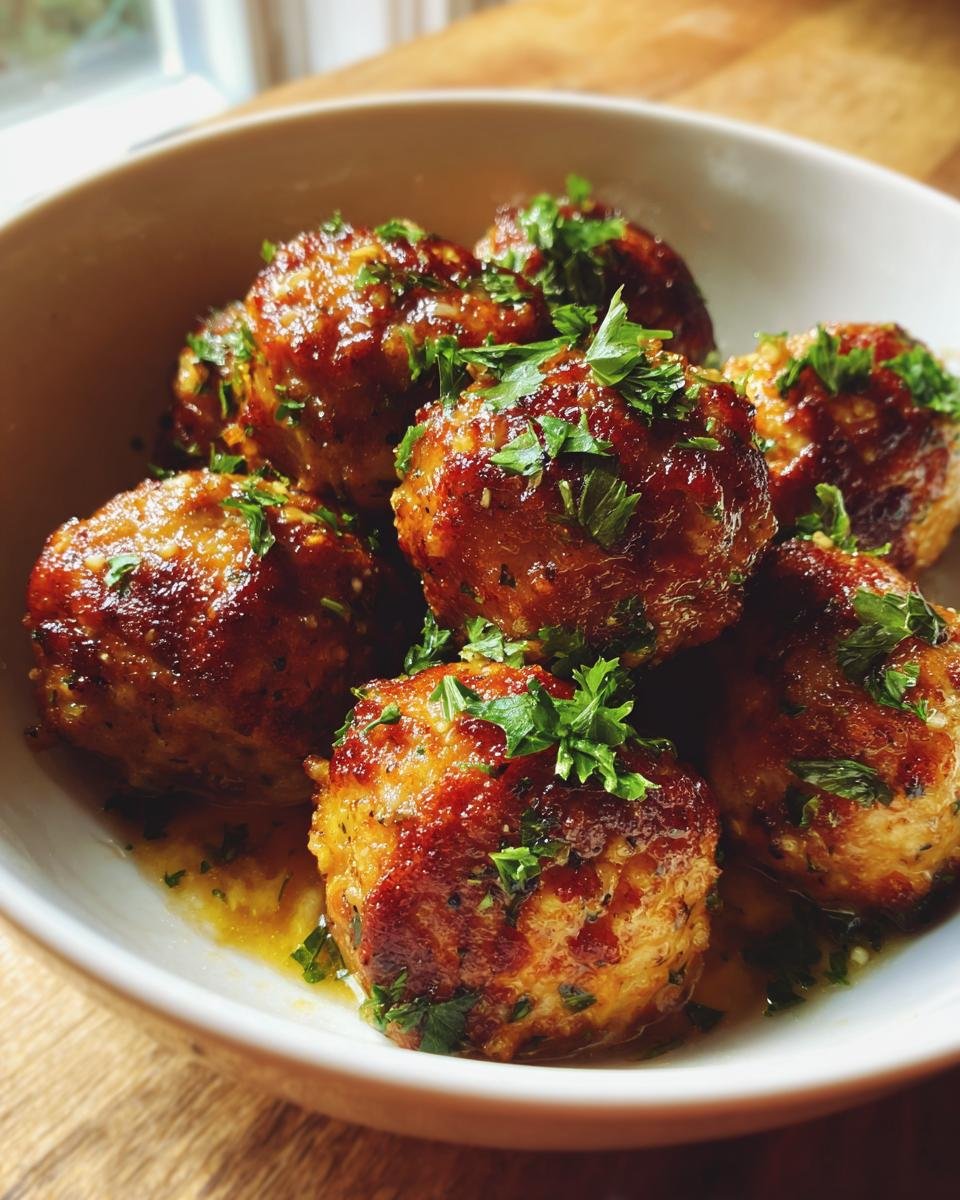 A bowl of juicy Garlic Butter Meatballs, garnished with fresh parsley and bathed in a rich, savory sauce.