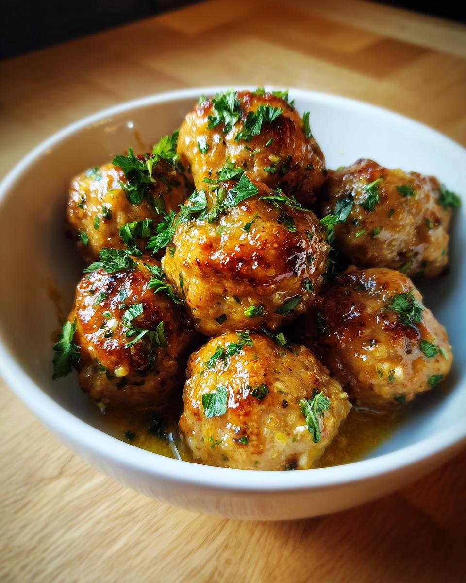 A bowl of glistening Garlic Butter Meatballs, garnished with fresh parsley, ready to be served.