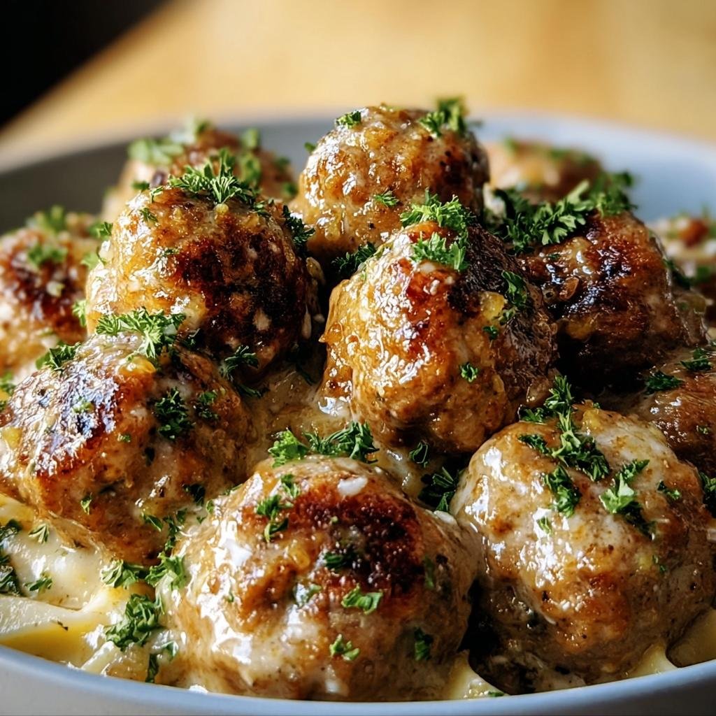 A bowl of Garlic Butter Meatballs, glistening with sauce and garnished with fresh parsley.