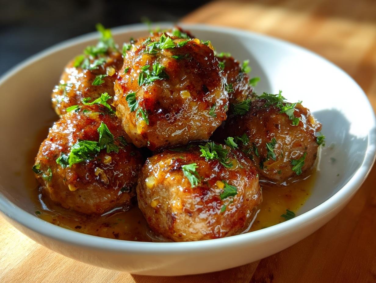 A bowl of juicy Garlic Butter Meatballs, garnished with fresh parsley and bathed in a savory garlic butter sauce.