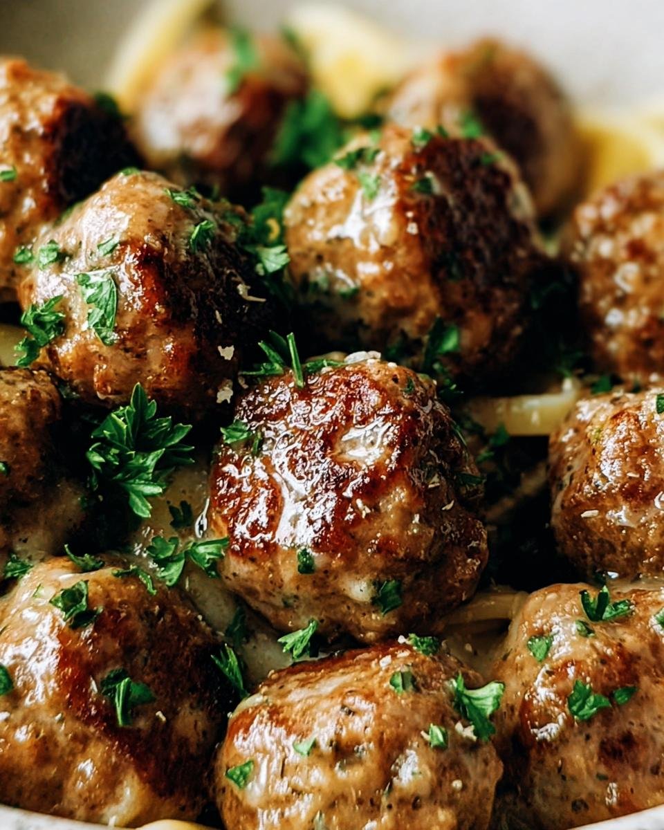 Close-up of Garlic Butter Meatballs with parsley garnish, glistening with garlic butter sauce.