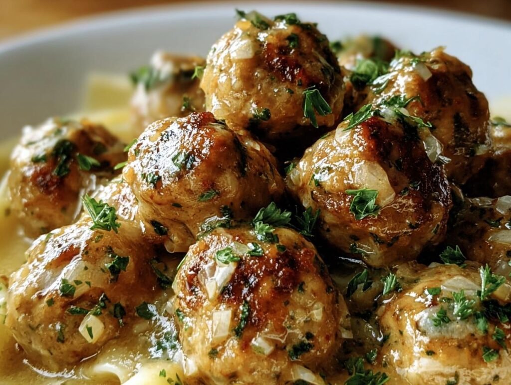 Close-up of Garlic Butter Meatballs, glistening with sauce and garnished with fresh parsley.