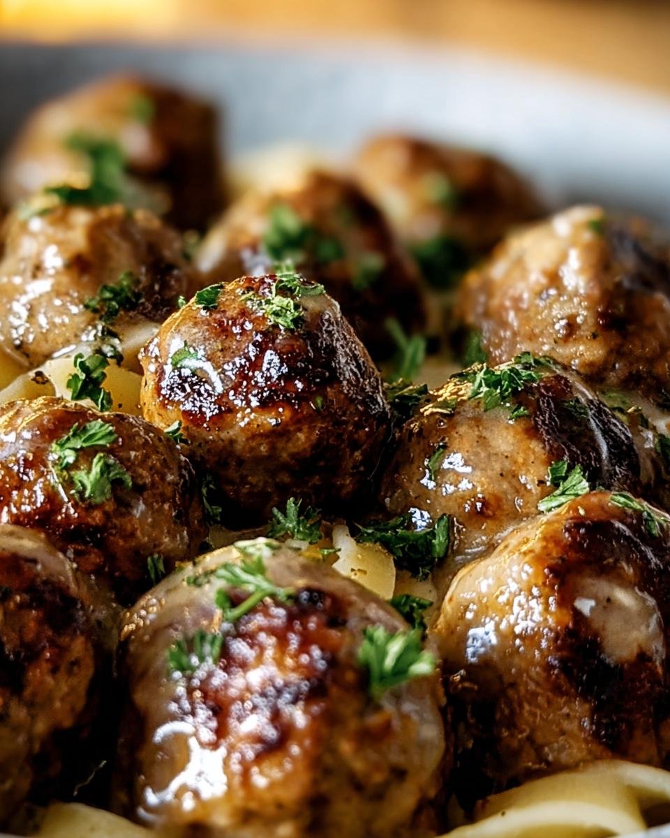 Close-up of Garlic Butter Meatballs, glistening with sauce and garnished with fresh parsley. 