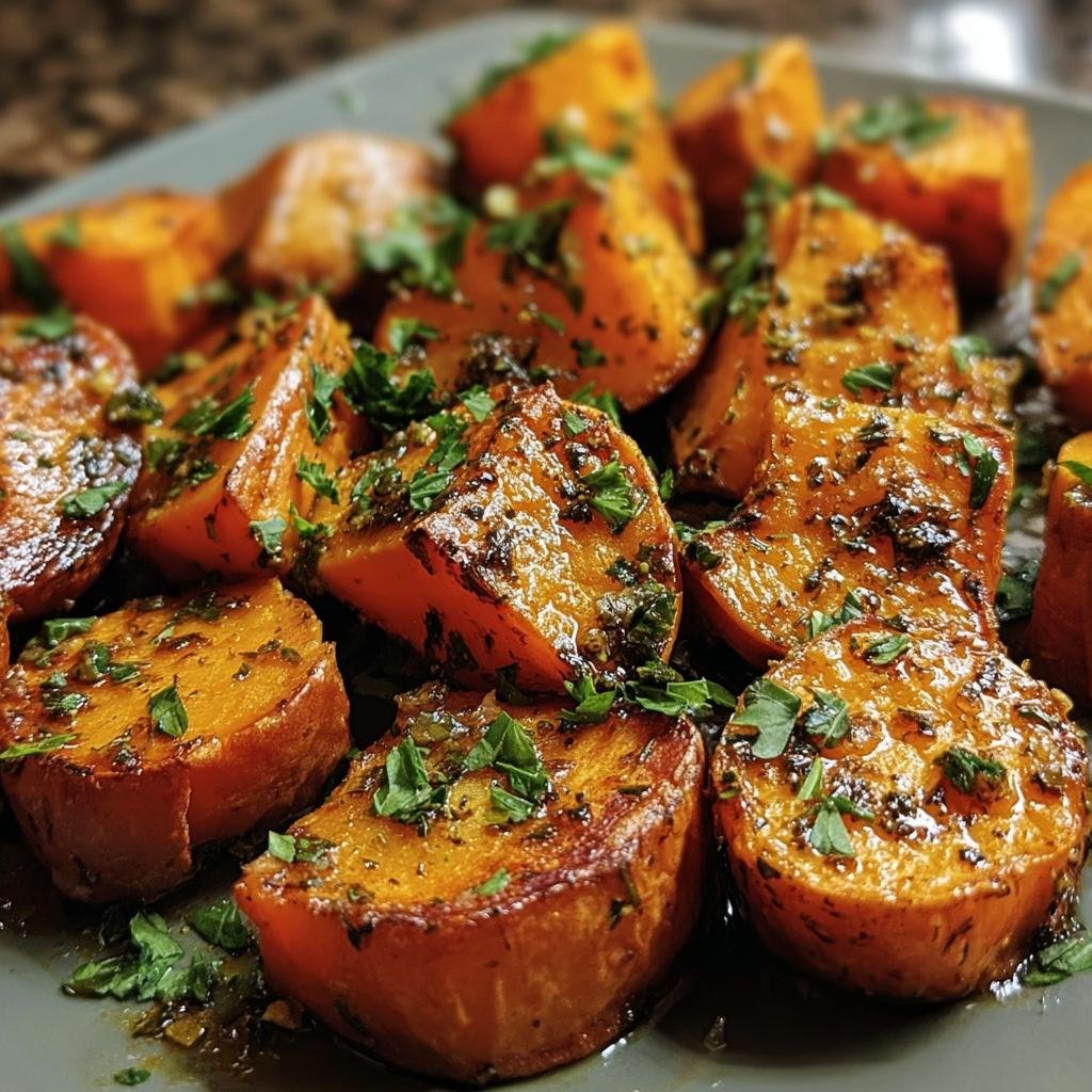 Close-up of Garlic Butter Sweet Potatoes, roasted and garnished with fresh parsley.