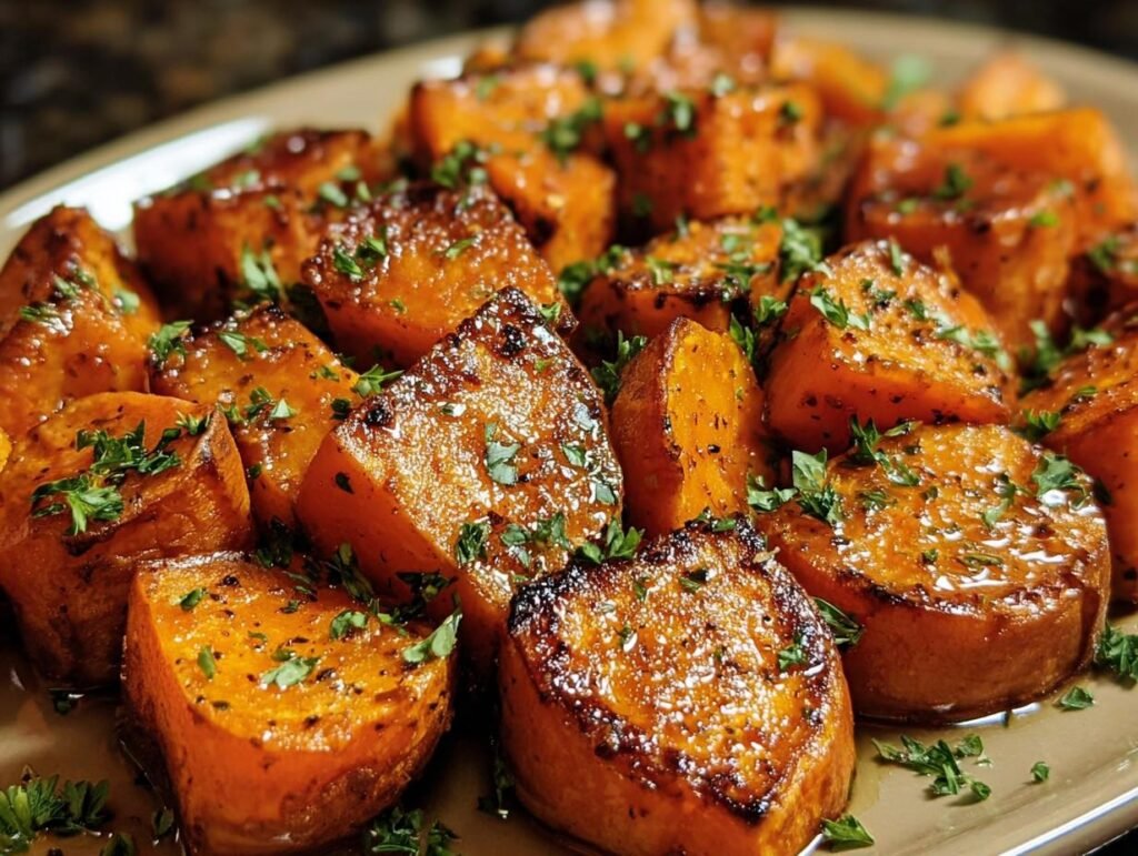Close-up of glazed Garlic Butter Sweet Potatoes garnished with fresh parsley on a plate.