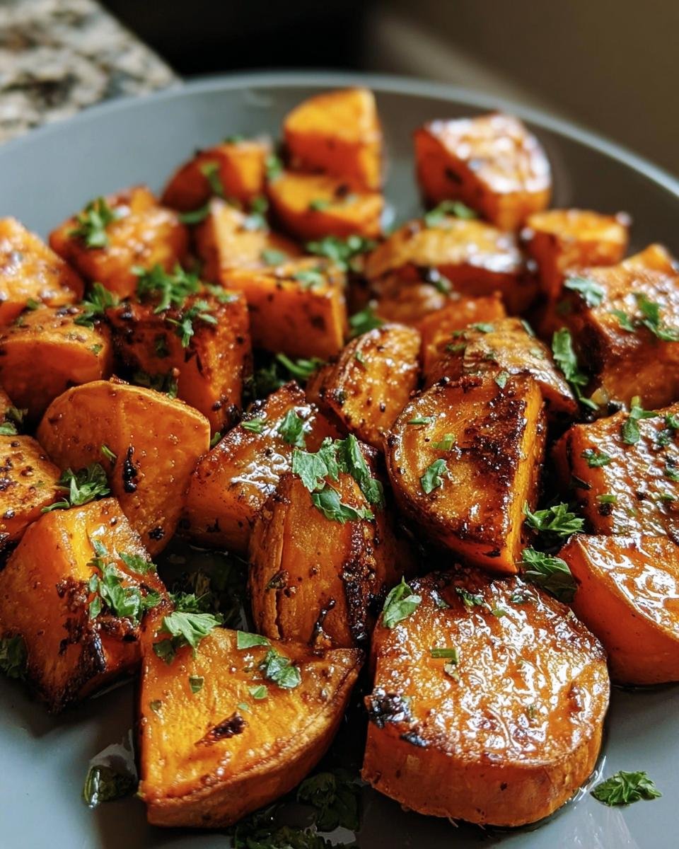 Close-up of roasted Garlic Butter Sweet Potatoes, garnished with fresh herbs on a gray plate.