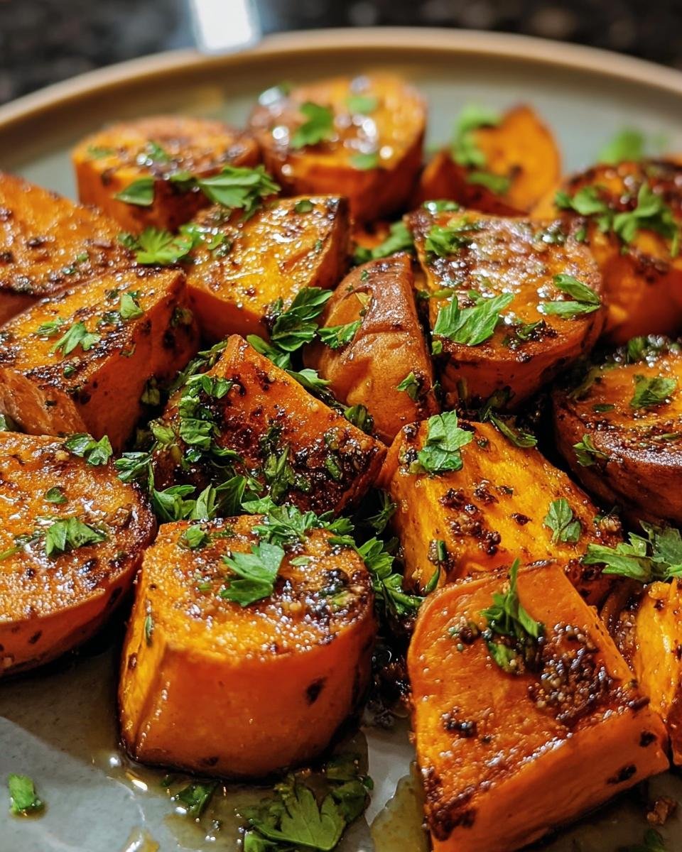Close-up of Garlic Butter Sweet Potatoes topped with fresh parsley, showcasing the glaze and texture.