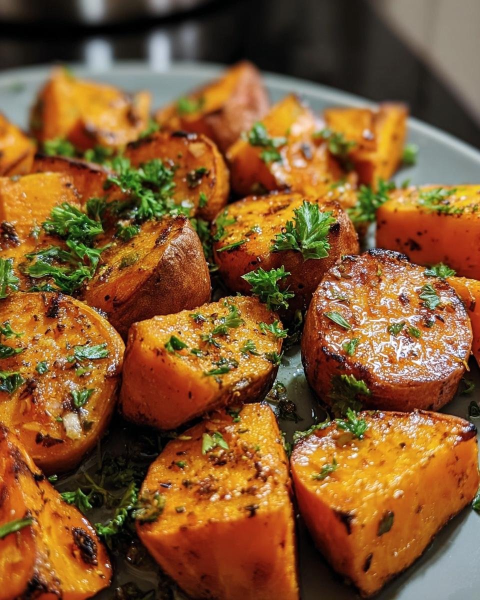 Close-up of Garlic Butter Sweet Potatoes, roasted and garnished with fresh parsley on a plate.