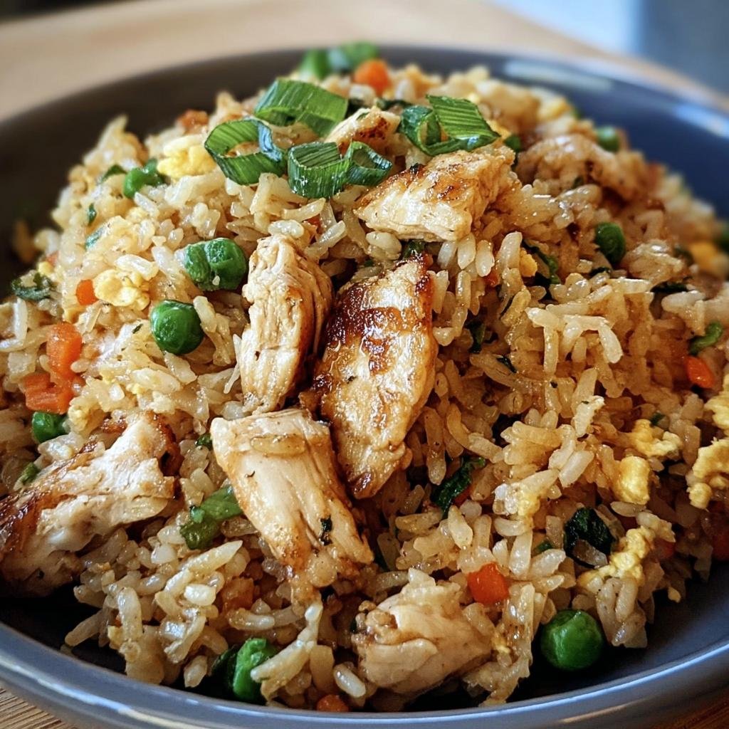 A bowl of flavorful Garlic Chicken Fried Rice with chicken, peas, carrots, and green onions.