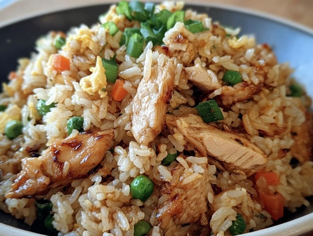 A bowl of Garlic Chicken Fried Rice, featuring chicken, rice, peas, carrots, and green onions.