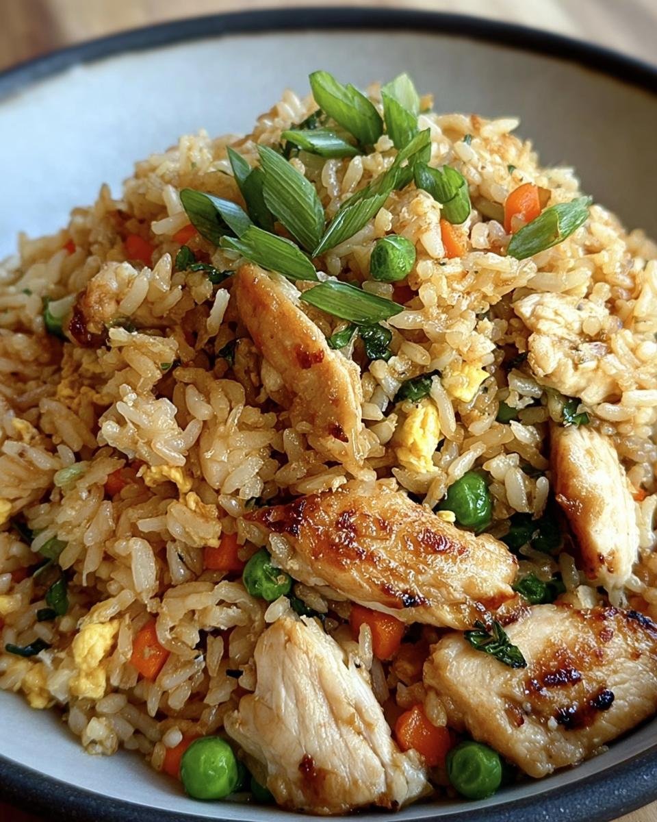 A bowl of Garlic Chicken Fried Rice with visible chicken pieces, peas, carrots, and garnished with green onions.
