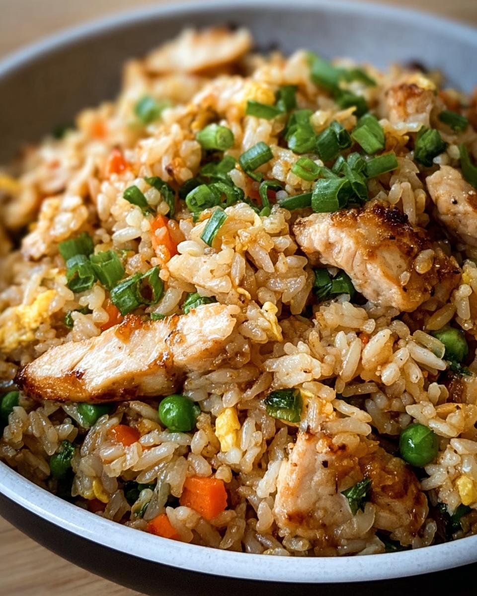 A bowl of delicious Garlic Chicken Fried Rice, garnished with green onions and featuring tender chicken pieces.