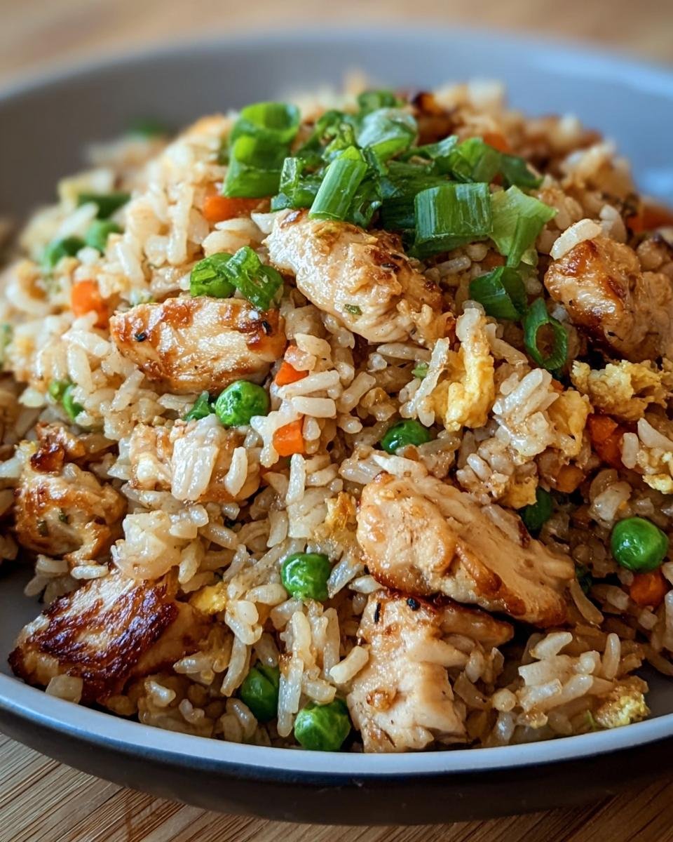 Close-up of Garlic Chicken Fried Rice in a bowl, garnished with green onions, peas, carrots, and egg.