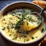 Close-up of Garlic Herb Potato Soup in a bowl, garnished with fresh herbs and a spoon.