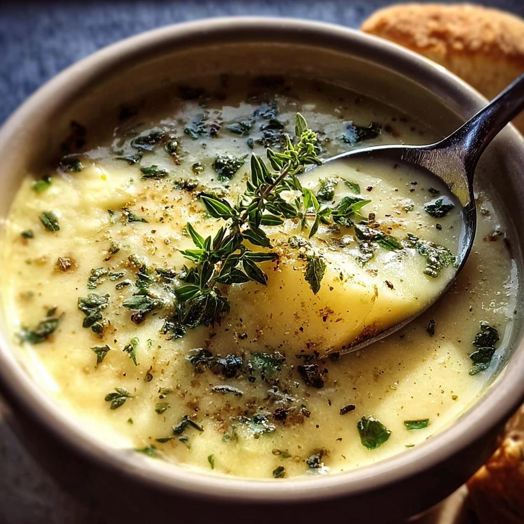 Close-up of Garlic Herb Potato Soup in a bowl, garnished with fresh herbs and a spoon.